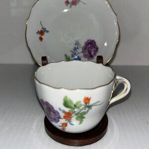 Meissen Porcelain Cup & Saucer Antique- Crossed Swords - Hand Painted Floral